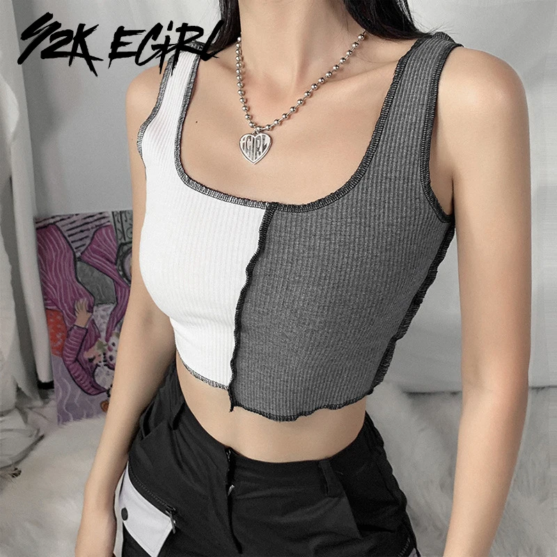 

Y2K EGIRL Aesthetics Stitch Patchwork Ribbed Tank Tops Punk Style Slim U-neck Straped Sleeveless Tank Tops Autumn Fashion Gothic