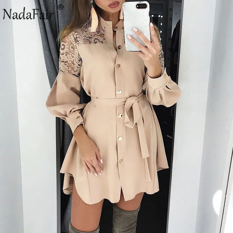 Apricot Nadafair, Элегантная туника с длинным рукавом, женское сексуальное кружевное платье для вечеринки, мини-платье трапециевидной формы с поясом, абрикосовое офисное платье-рубашка для женщин - Цвет: Apricot