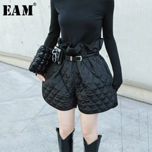 [EAM] женские черные широкие шорты с хлопковой подкладкой, новые свободные брюки с высокой талией, модные весенне-осенние 19A-a320