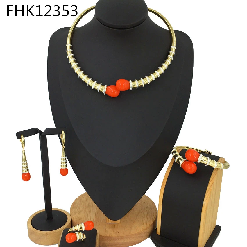 YUMINGLAI Simple Design Dubai Gold Red Two Tones African Fashion Ladies's Jewelry Set FHK12353 | Украшения и аксессуары