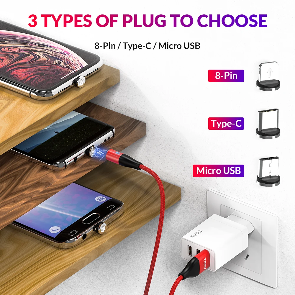 TOPK AM60 3A светодиодный кабель для быстрой зарядки Micro usb type C для iPhone Xs Max 8 7 6