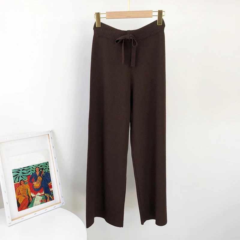 Aachoae 2020 Lady Solid Knit Pants Loose Wide Leg Long Length Pants Female Drawstring Casual Office Home Wear Trousers Pantalon