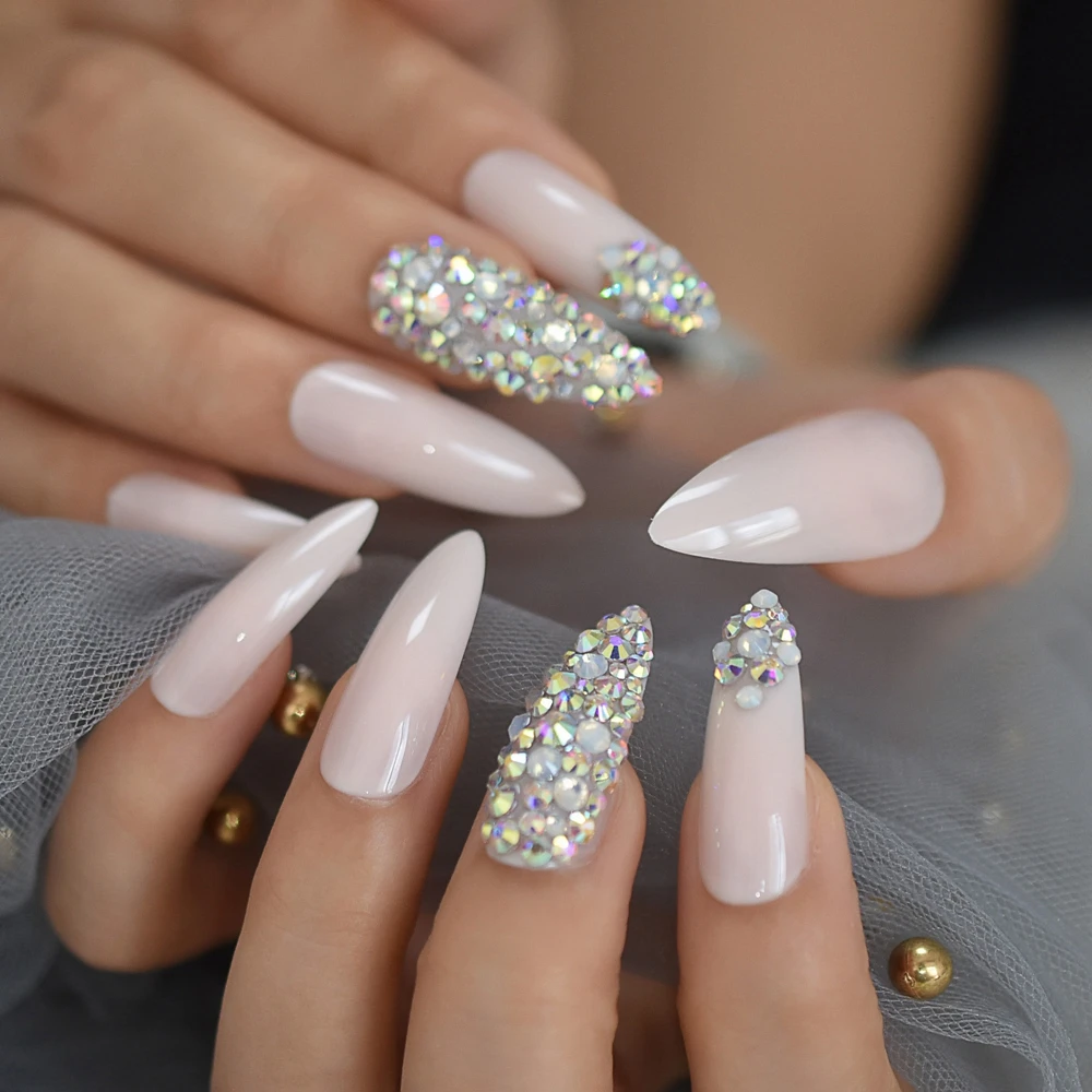 Dark Nude luxurynails Crystals Decoration Extra Long Faux Ongles Stiletto Custom Press On Fingernails for Party Wedding