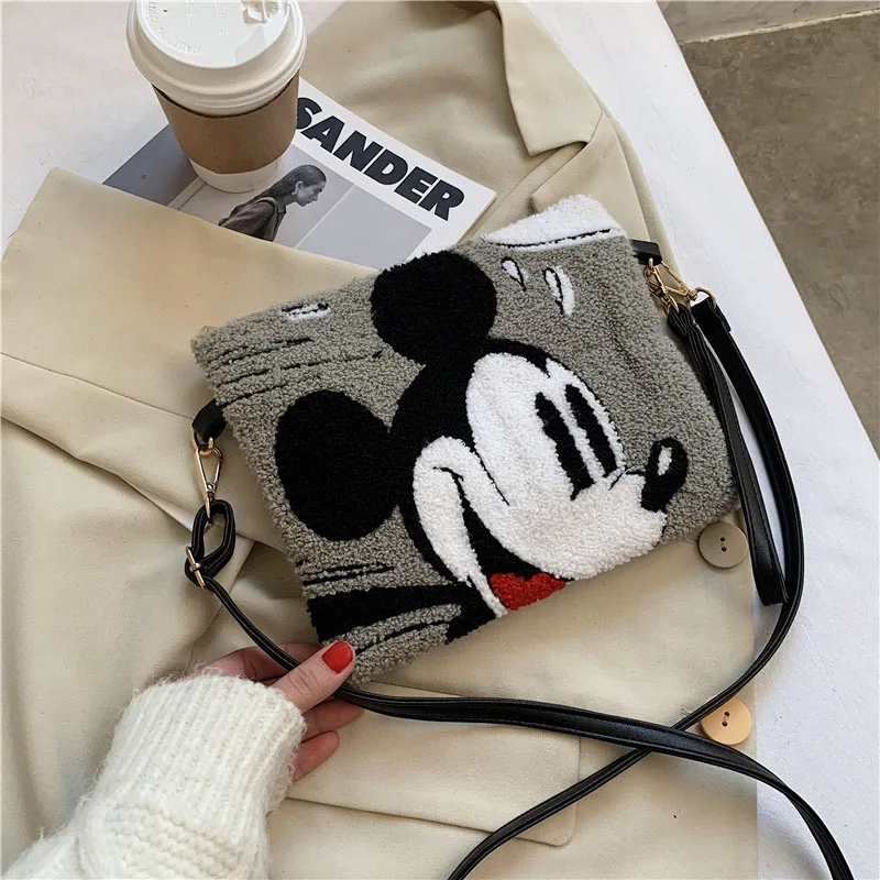 Disney Fashion Mickey Mouse Women Tote Bag Plush+pu Leather Ladies
