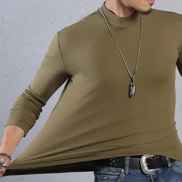 army green Мужская футболка, футболка с длинным рукавом, футболка с высоким воротником, хлопковые футболки на зиму и весну, базовая футболка, Мужская одежда, топы, уличная одежда - Цвет: army green