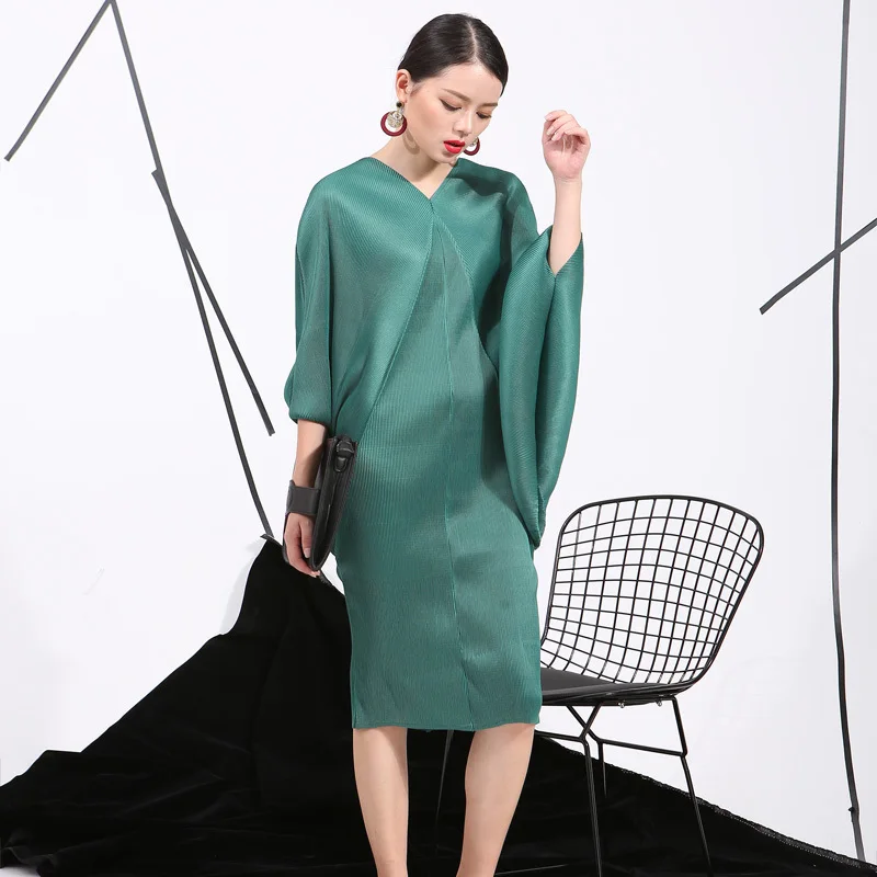 [DEAT] летнее Новое Стильное зеленое платье с рукавом летучая мышь размера плюс, свободное элегантное Плиссированное женское платье, женское длинное платье FU11191