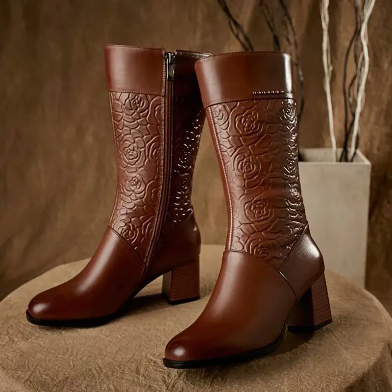 High quality Leather Boots Plus Velvet Shoes Women Winter Boots Ladies Booties Casual Style Shoes For Girl High Heeled Boot