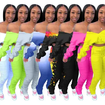 

Autumn And Winter Two Piece Set Batwing Sleeve Crop Top + Long Stracked Pants Sportsuit Tracksuit Outfit For Women