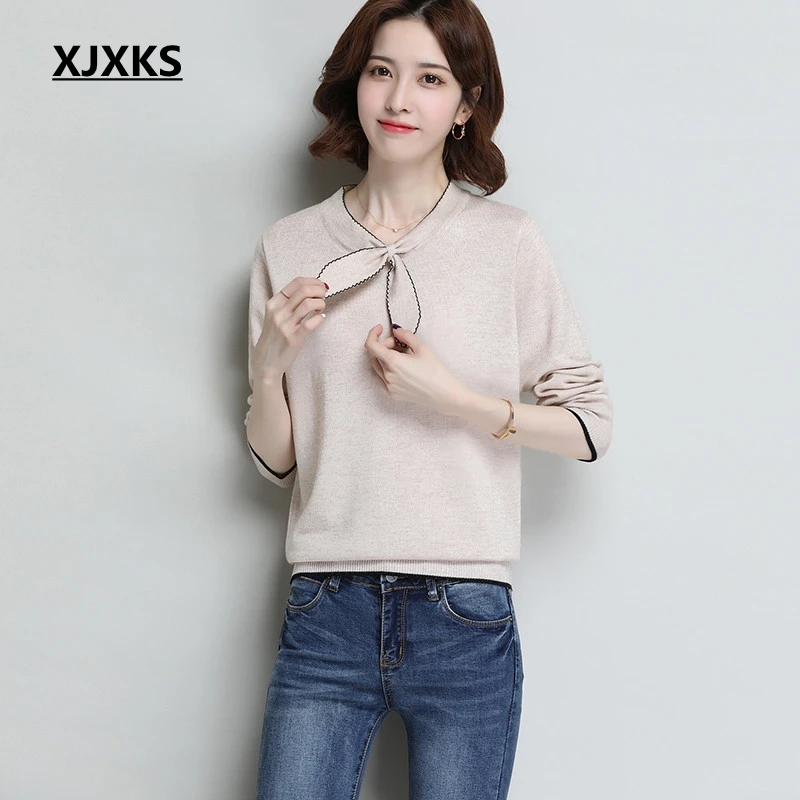 

XJXKS Fall 2019 Pullover Women Jumper Campus Bow Collar Knitted Sweater Women Wool Modis Solid High Quality Pullovers