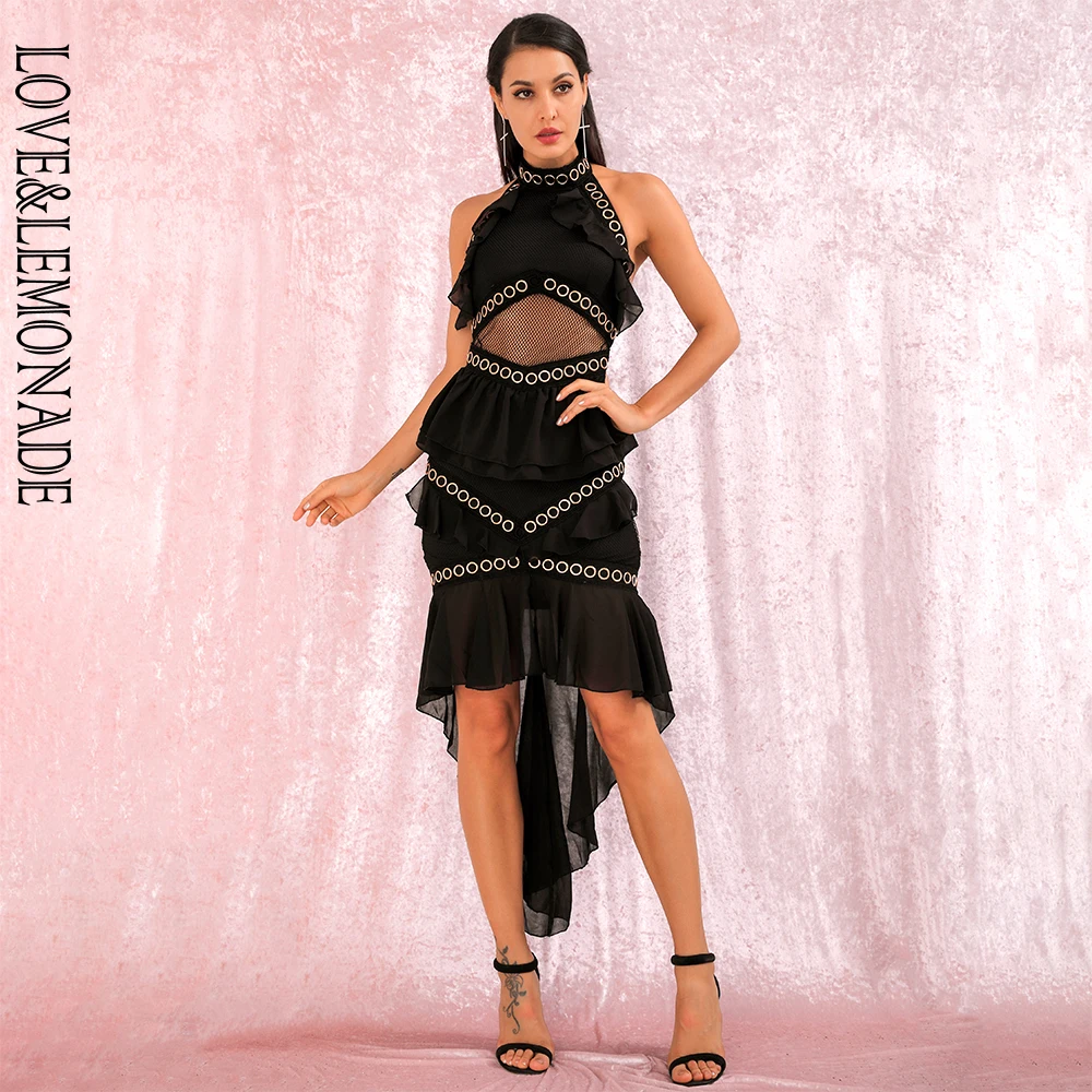 

LOVE&LEMONADE Sexy Black Open Back Metal Lace And Chiffon Ruffled Stitching Party Dress LM81870MINI BLACK