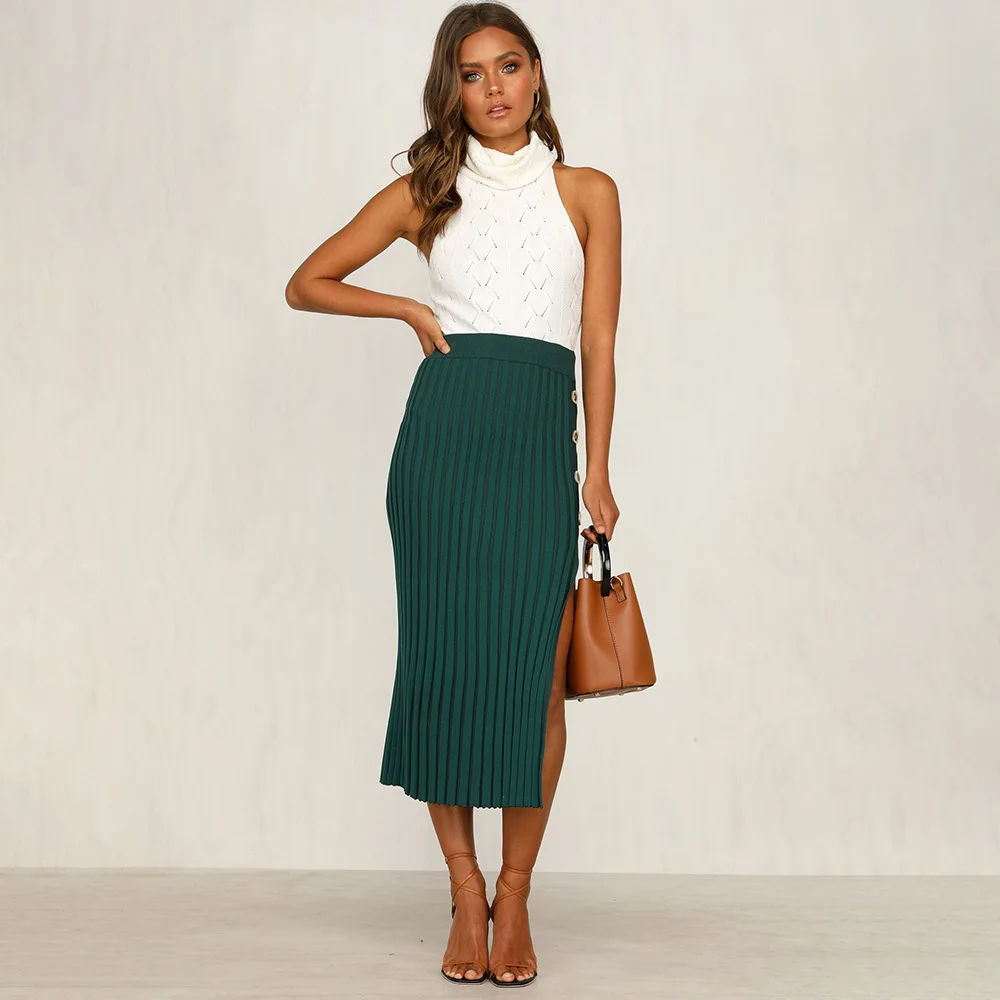 Split Long Skirt Women Winter Knit Pencil Skirts High Waist Button Sexy Skirt Khaki Striped Party Skirts Saia Midi