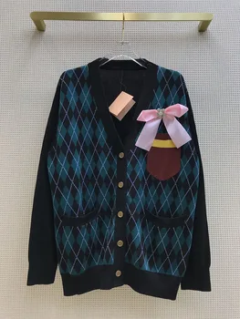 

High Quality Luxury Sweater Cardigans 2020 Autumn Women Diamond Color Blocking Bow Long Sleeve V-neck Casual Knit Cardigan Coats