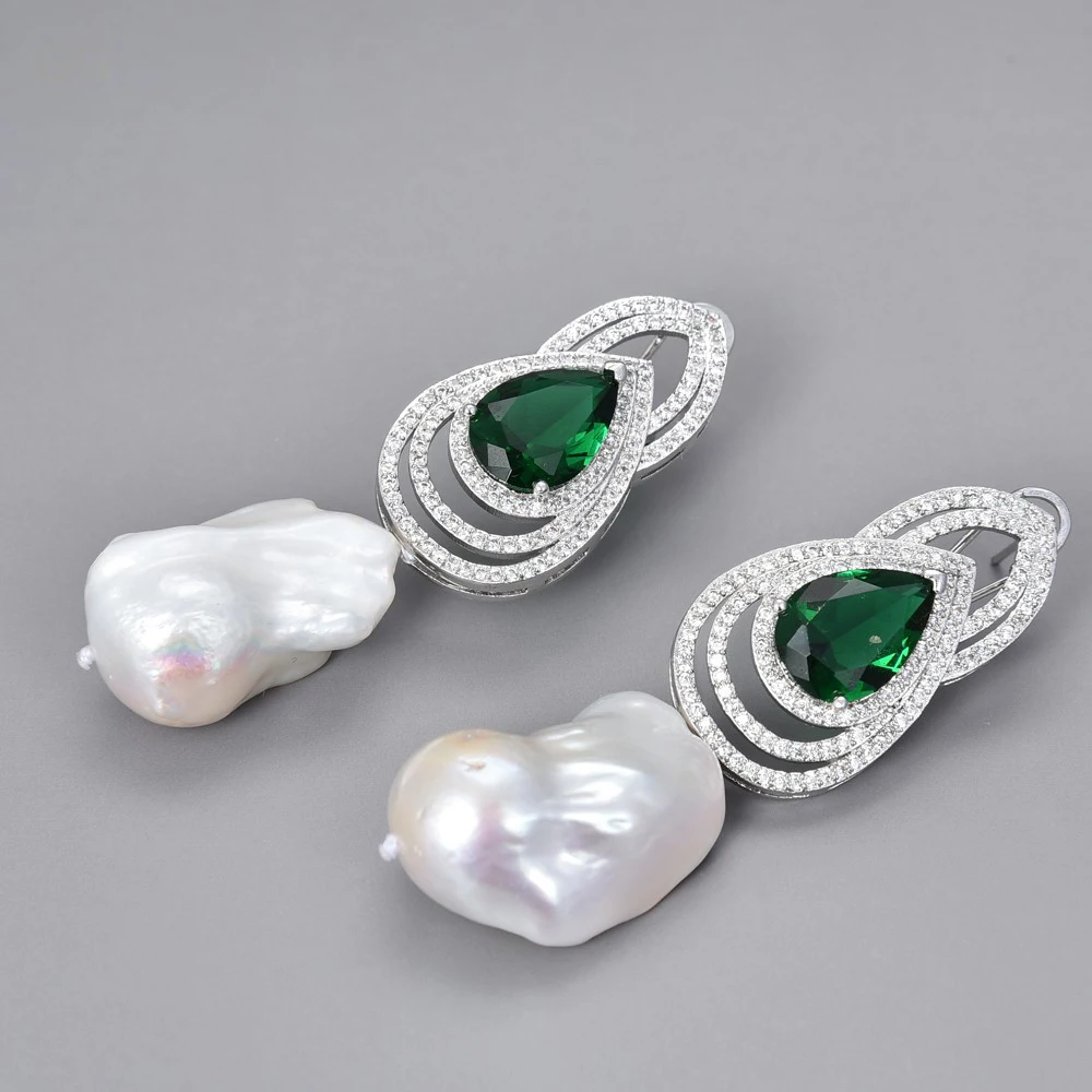 

White Keshi Pearl Green Cz Rhinestone Stud Earrings