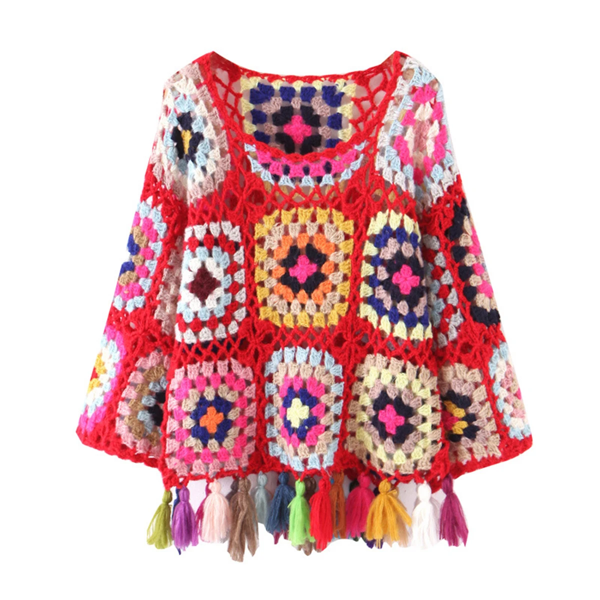 Jastie вязанный крючком многоцветный полый свитер хиппи шик Tassle Hem Boho женские свитера с круглым вырезом пуловеры Топ джемпер зимняя одежда