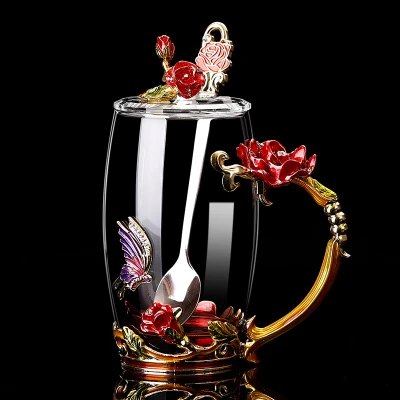 Изысканная красная роза, эмалированная кофейная чашка, кружка, Хрустальные стеклянные чашки и кружки, Высококачественная чайная чашка, посуда для напитков, подарок, пара цветных стаканов для питья - Цвет: With lid 2