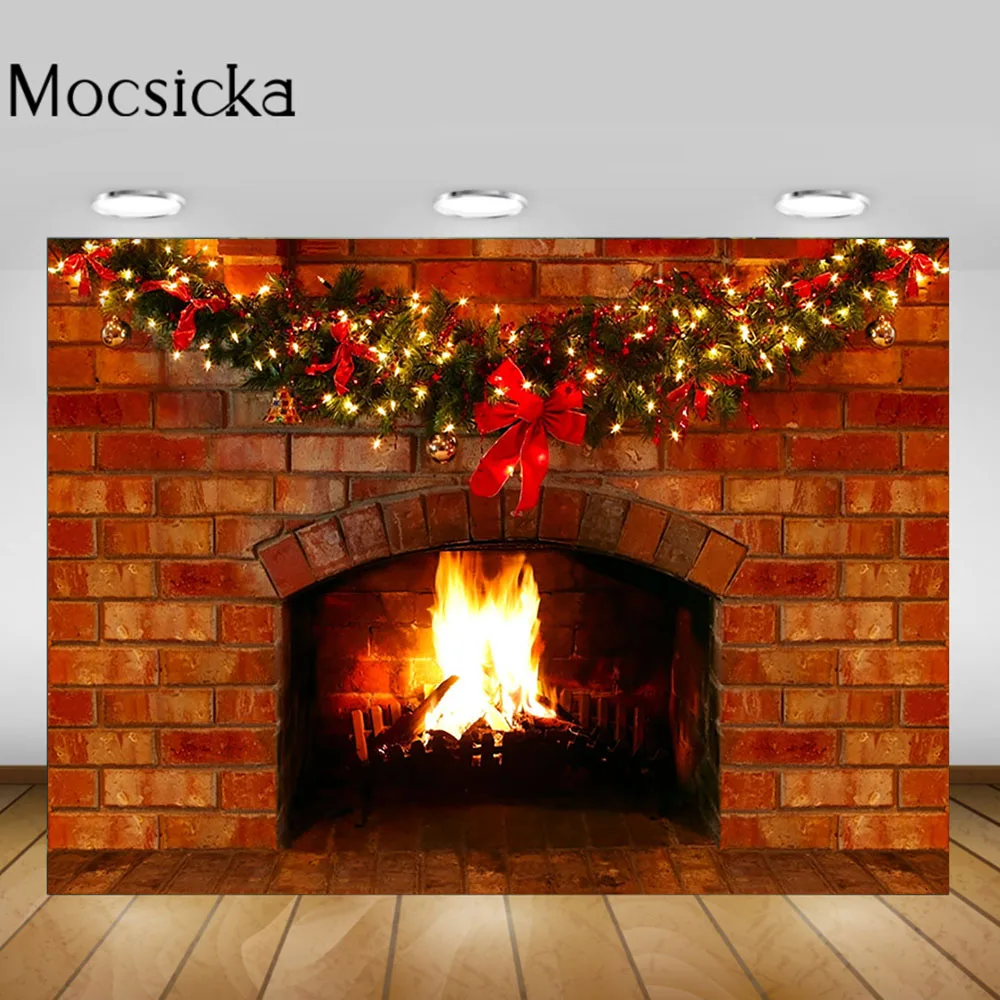 

Mocsicka Christmas Fireplace Photography Backdrop Brick Wall Fire Family Portrait Photo Background Photo Studio Photocall Props