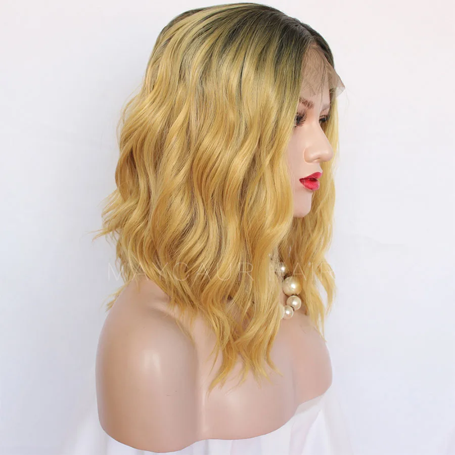 Maycaur Black Yellow Short Bob Lace Front Wigs for Black Women Synthetic Heat Resistant Soft Fiber Hair Wavy Wigs (2)