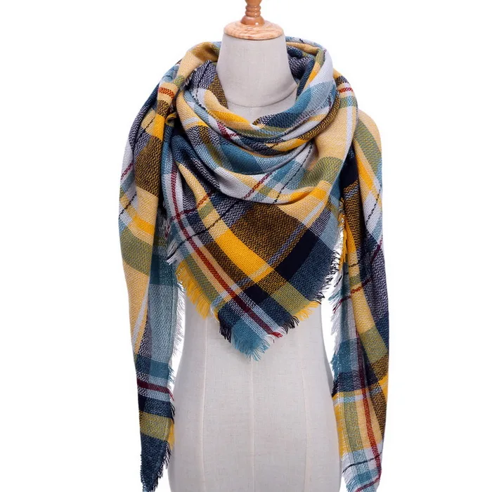 Клетчатые цветные простые женские шарфы треугольные 140*140*210 см кашемировые теплые осенне-зимние шали шарф для женщин - Цвет: 29