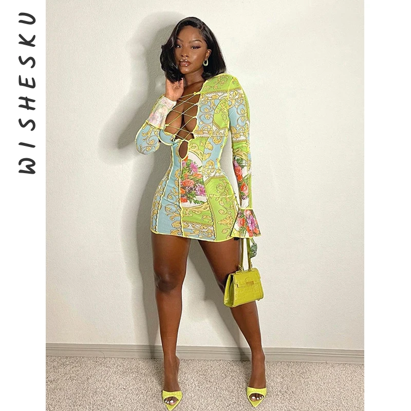 

Women Sexy Cut Out Lace Up Mini Dress Floral Print Flare Long Sleeve Bodycon Dresses 2021 Summer Boho Party Y2k Clothes