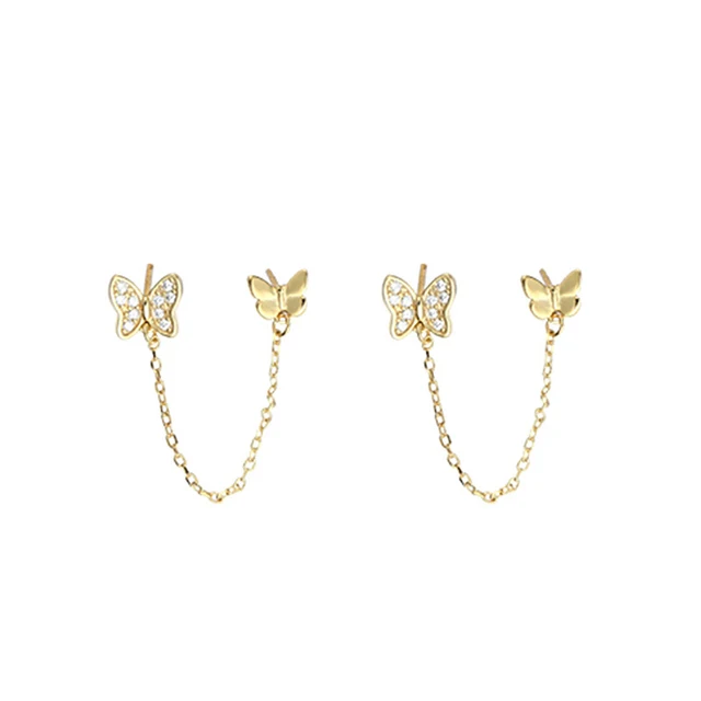 ANENJERY-Boucles d'Oreilles Papillon en Argent pour Femme, Double Trou d'Oreille, Pompon, Bijoux