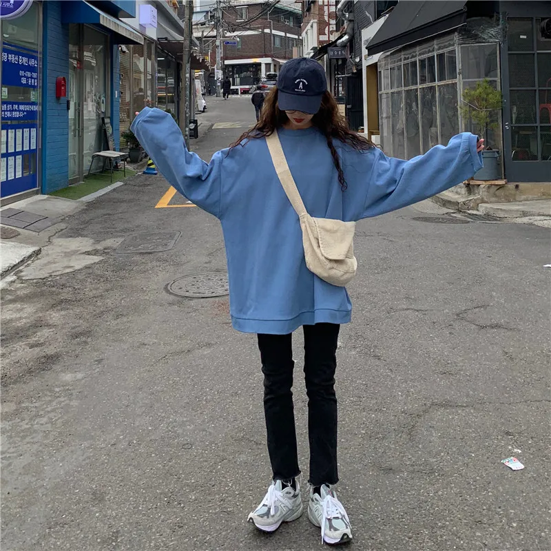 Зимний корейский ulzzang шикарный свободный Harajuku свитер с длинными рукавами ins простой сплошной цвет o-образным вырезом ins Повседневная Женская толстовка