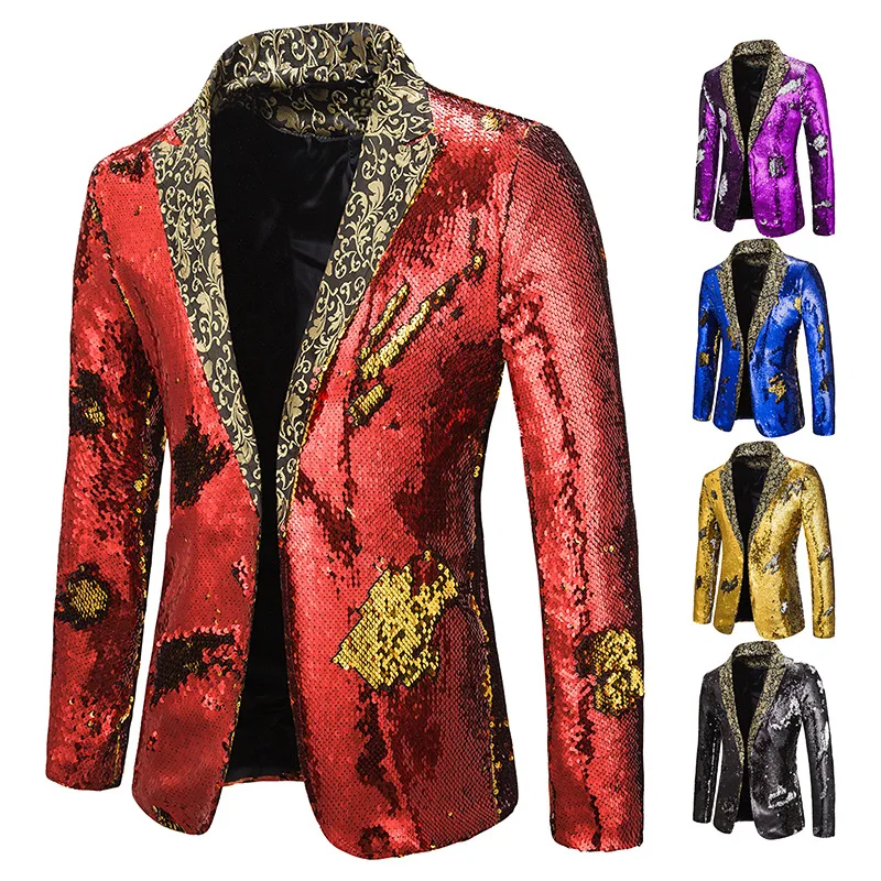 

2019 New Arrival Men Blazers Slim Fit Two Colors Sequin Style Fashion Flower Print In Collar Mens Party Blazer Costumes Clothes
