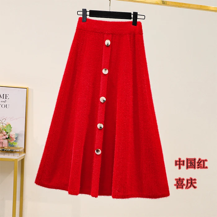 Black Red Knitted Long Plus Large Size Oversize Korean Style Fashion Autumn Women'S Clothing Vintage 2021 High Waist Skirts Skirts Skirts