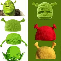 Green Balaclava With Ears Hat Monster Shrek Knitted Hats For Men Women Winter Handmade Wool Keep Warm Beanie Party Skullies Caps