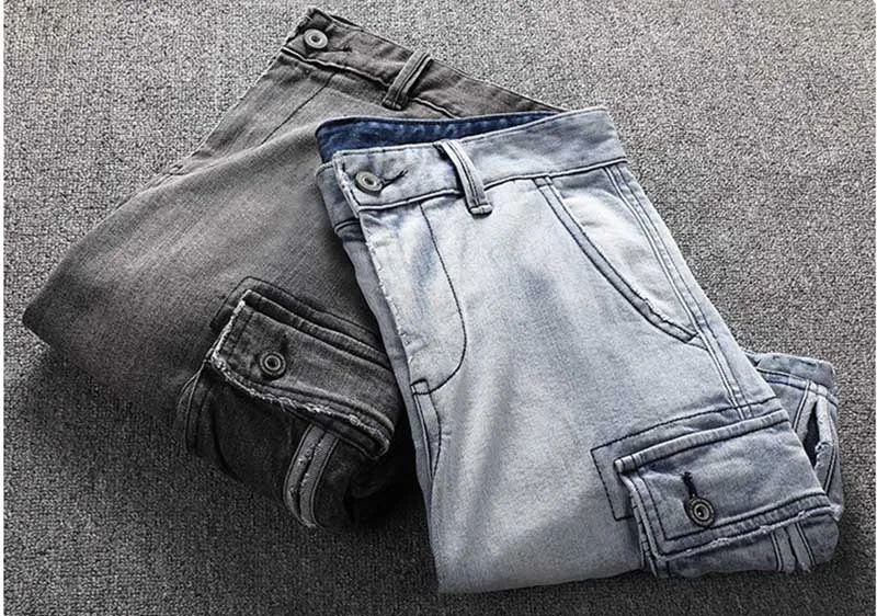 KIOVNO Summer Men Cargo Casual Denim Shorts Straight Washed Jeans Shorts Male Multi Pockets (7)