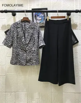 

2020 Women Sets Summer Fashion Elegant Casual Leopard Print Short Sleeve Jacket Coats and Wide Leg Pants Set