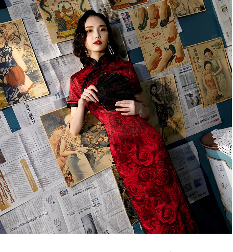 Sheng Coco размера плюс красные вечерние длинные платья Cheongsam с принтом розы шелковые Qipao китайское свадебное восточное платье женская одежда