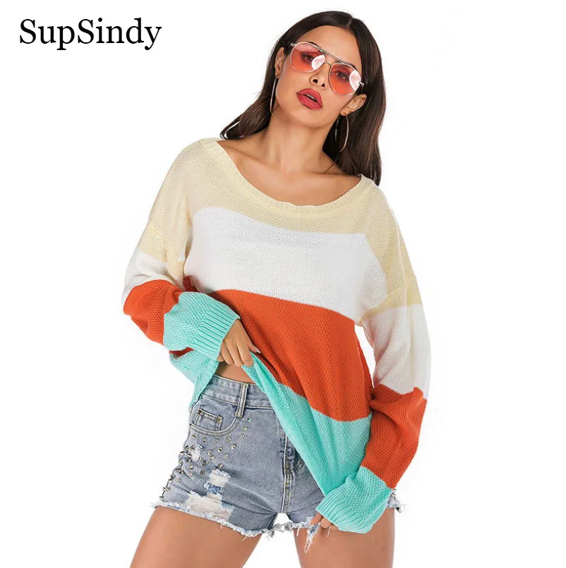 SupSindy новинка женский свободный свитер в полоску с круглым вырезом Зимний вязаный