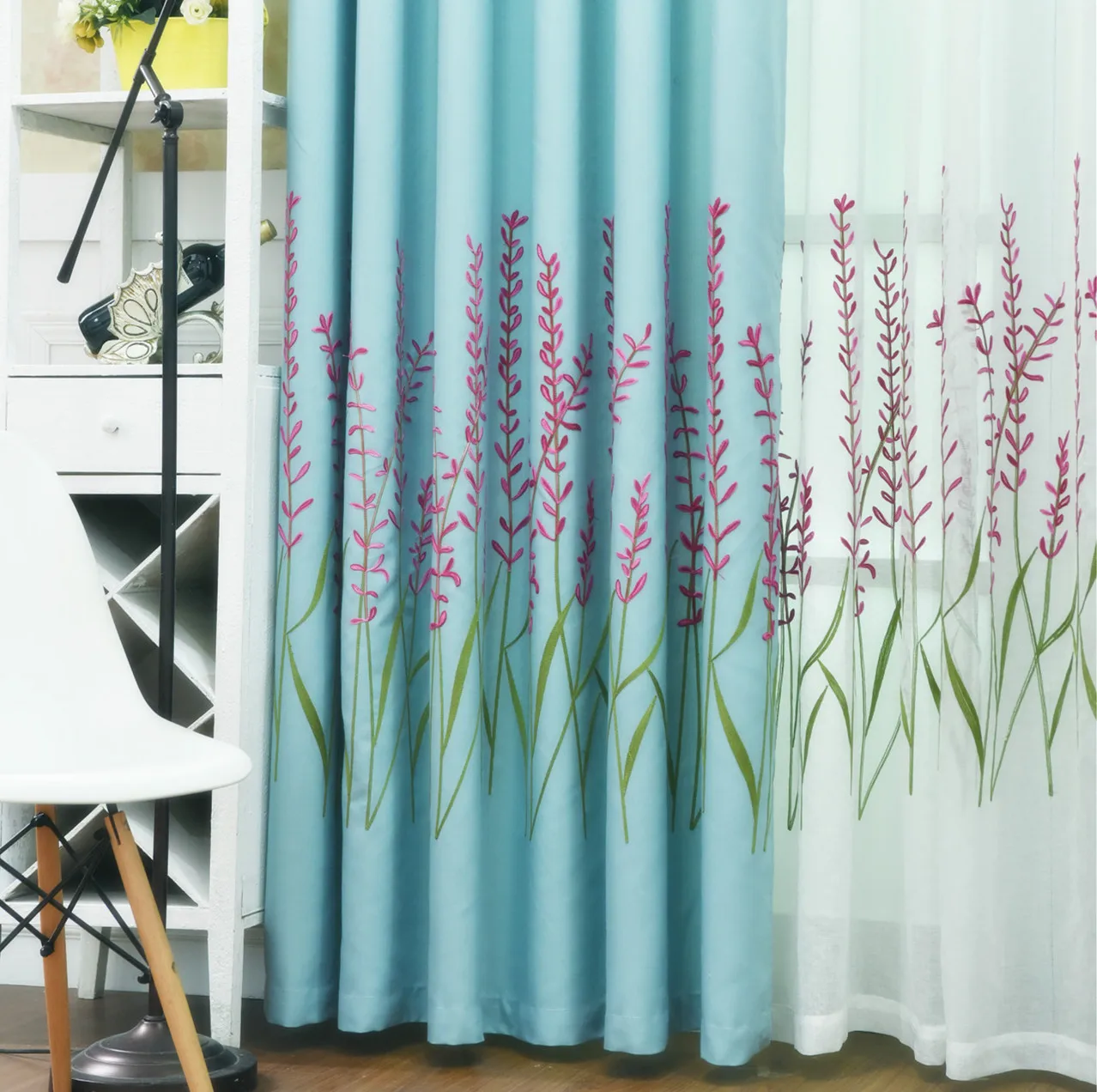 

European-style Cotton and Linen Embroidered Curtains for Living Room Korean Hole Hook Bedroom Plant Flower Bay Window