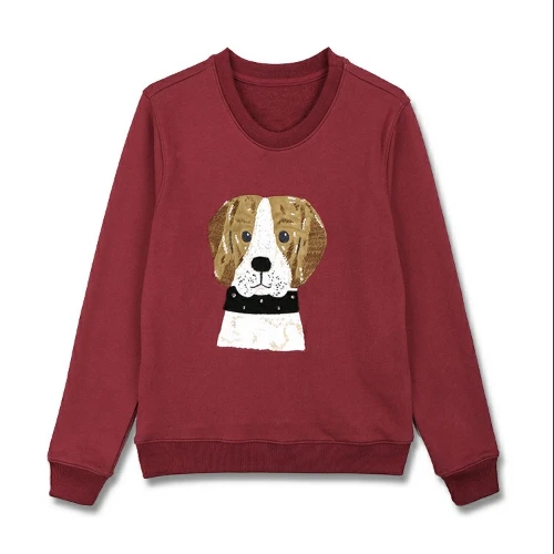 Бургундия Schnauzer/Beagle/Шиба/Бульдог вышивка толстовка звезда/шарик/жемчуг украшенный флок свитер иллюстрация животных пуловеры - Цвет: Бургундия