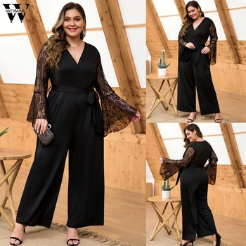 

Womail jumpsuit women Mesh long sleeve female long Playsuit Romper Wide Leg Playsuit Lace Patchwork Elegant Workwear plus size