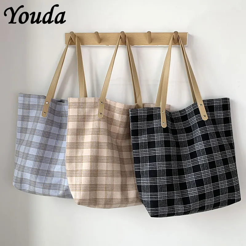 

Youda Simple Fashion Large-capacity Handbag For Ladies Vintage Lattice Tote Female Portable Schoolbag Shopping Bag Korean Style