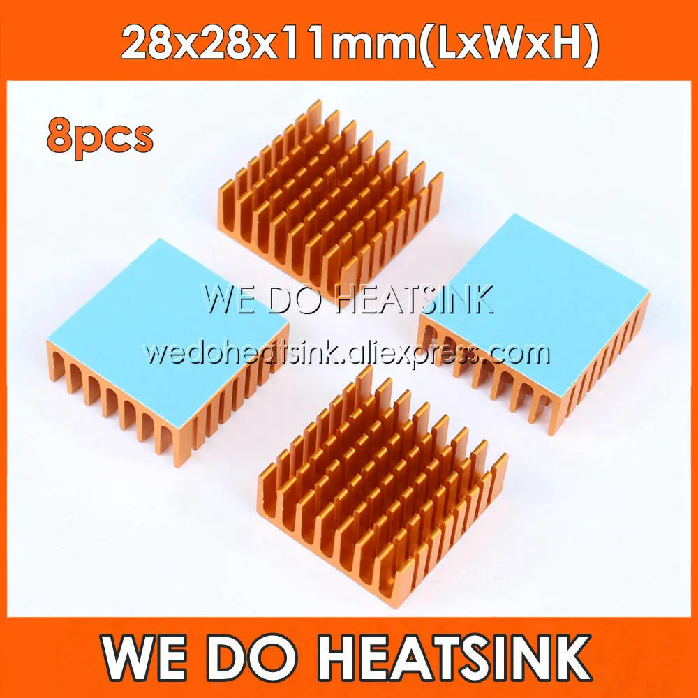 

WE DO HEATSINK 8pcs 28x28x11mm Yellow Anodized Aluminum Heatsink with Thermal Self-Adhesive Tape for VGA CPU BGA PC board