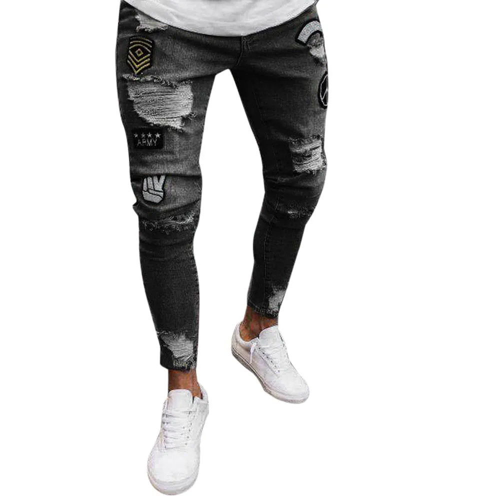 4 стиля, мужские эластичные рваные обтягивающие байкерские джинсы с вышивкой и принтом, рваные узкие джинсы, поцарапанные джинсы высокого качества - Цвет: Темно-серый