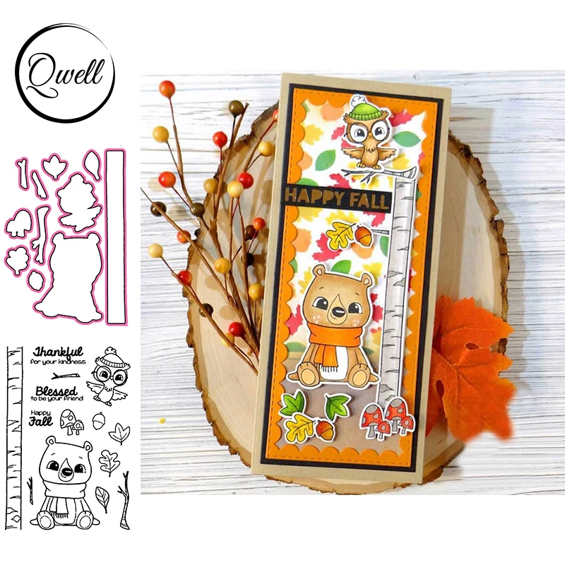 

QWELL Cutting Dies With Clear Stamps Scarfe Bear Owl Tree Branch Pine Cone DIY Scrapbooking Album Craft Craft 2020