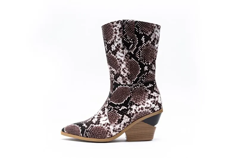 snake brown short MORAZORA/Новинка года; Брендовые женские ботинки с острым носком на квадратном каблуке; сезон осень-зима; зимние ботинки; короткие женские ботильоны для женщин в западном стиле - Цвет: snake brown short