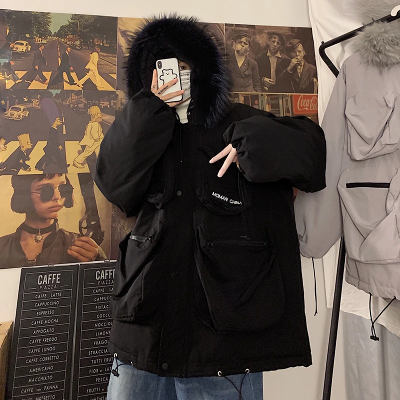 UYUK2019 новые зимние повседневные свободные модные тенденции в длинная куртка с капюшоном, меховой воротник Для мужчин куртка на подкладке из хлопка Одежда Masculino