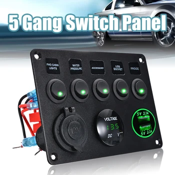 

High Quality 5 Gang Rocker Toggle Switch Panel Green LED Dual USB Voltmeter Car Marine Boat Replacement Accessories