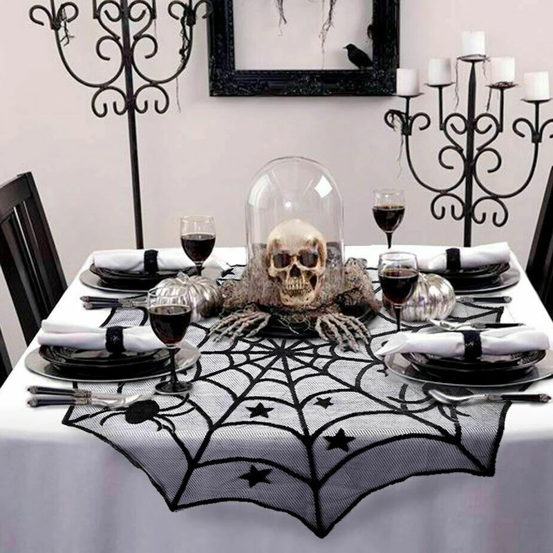 

Tofok Halloween Lace Tablecloth Spider Web Pentagram Ghost Cover Door Window Curtain Scary Fancy Dress Party Festival Home Decor