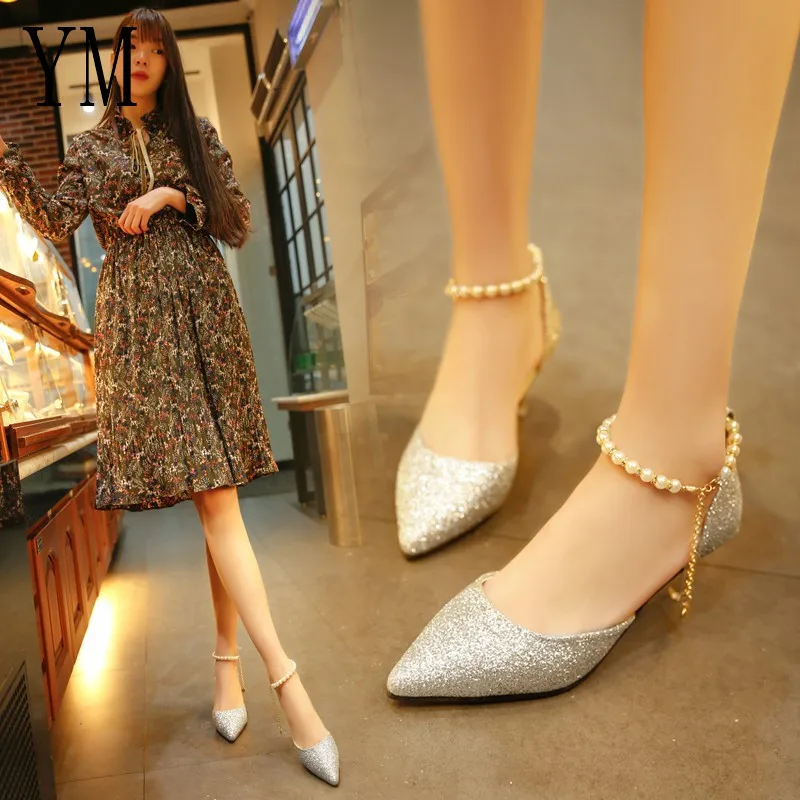 

Sexy Pointed toe Pearl High heels shoes Female Fashion hollow with Sandals Paillette of the Thin Breathable shoes Women Pumps