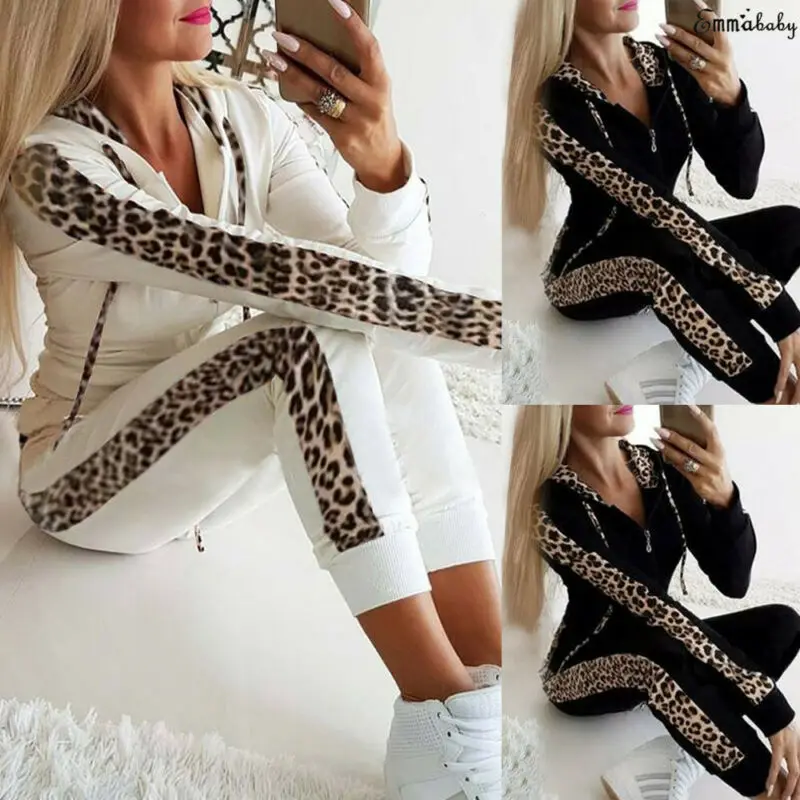 

New 2019 Women Tracksuits 2 PCS Leopard Long Sleeves Sporting Hooded Crop Tops Pants Tracksuit Sweatshirt Sweat Suit Jogging