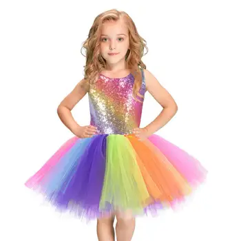 

Children's Day Girls Dance Costume Rainbow Sequin Mesh Gauze Colorful Puff Dress Sleeveless kids clothes Free Necklace