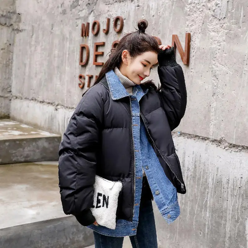 Denim Stitching Fake Two-Pieces Women Winter Jacket BF Style Coat Women Pockets Casual Cotton Parkas Mujer Warm Outerwear C5761