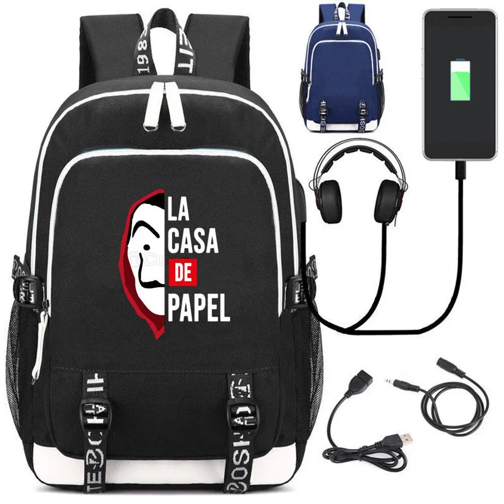 

La Casa De Papel Salvador Dali USB charging School Bags canvas Backpack Paper House Mochila music laptop shoulder bag