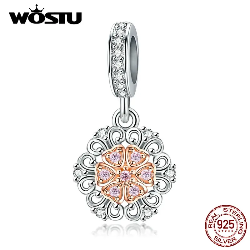 WOSTU подлинные 925 пробы серебряные подвески в виде цветов любви, подходят для оригинальных бусин, браслетов и браслетов, модные ювелирные изделия FIC1266