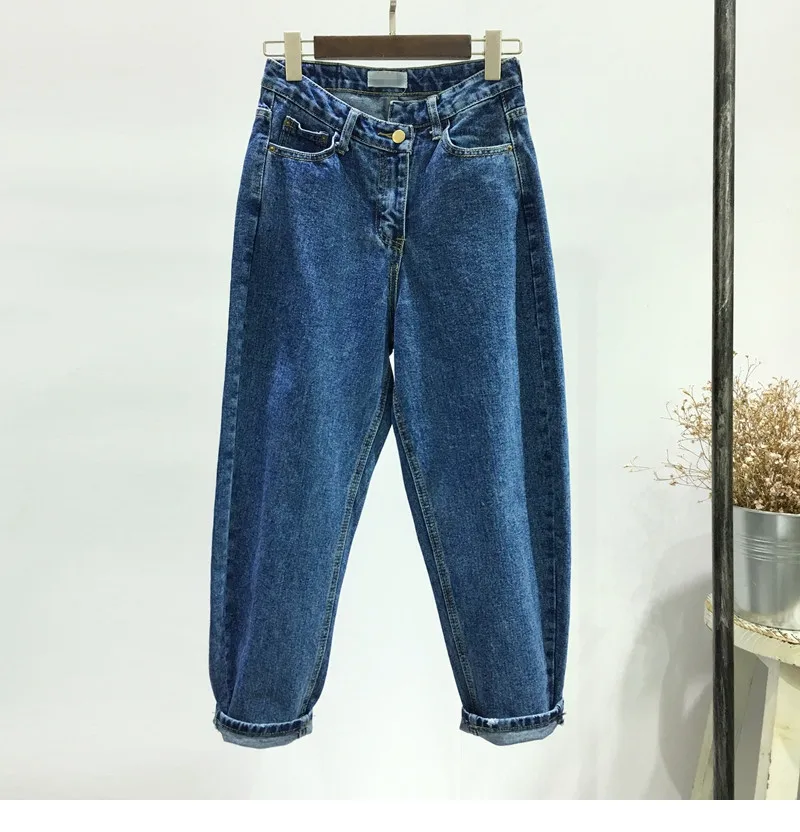 Dark blue Новые женские джинсы широкие джинсы с высокой талией BF Брюки Свободные повседневные брюки нерегулярные джинсовые брюки плюс размер джинсы для женщин - Цвет: Dark blue